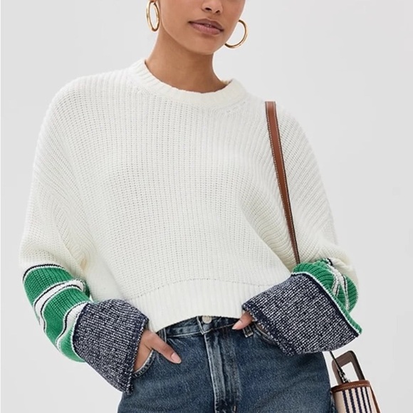STAUD Sweaters - STAUD Cliff White Cropped Knit Sweater with Green & Navy Sleeve Accents